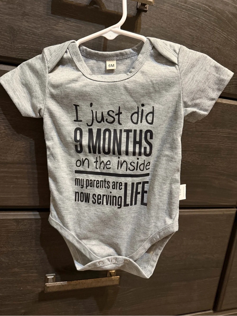 Gray Baby One-Piece Bodysuit with '9 Months' Print